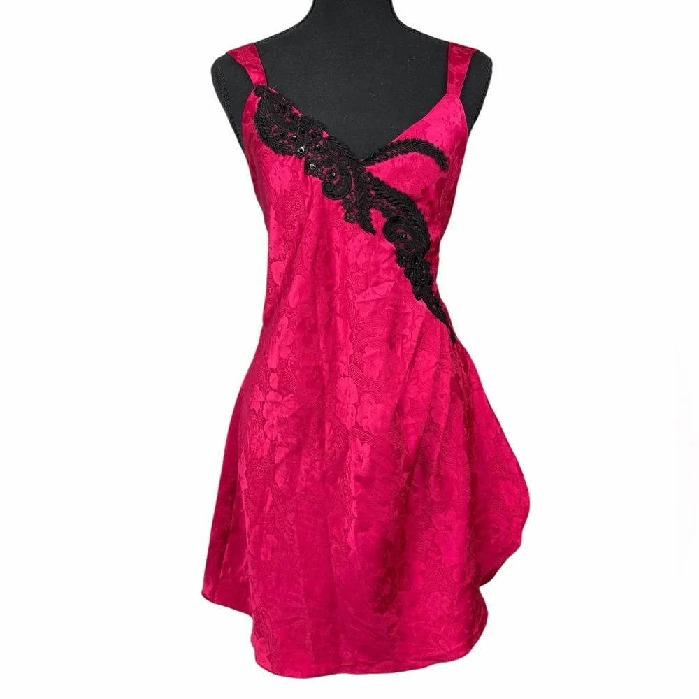 Vintage Y2K Victoria’s Secret Pink Jacquard Satin Slip Dress‎ Lace Applique Lrg